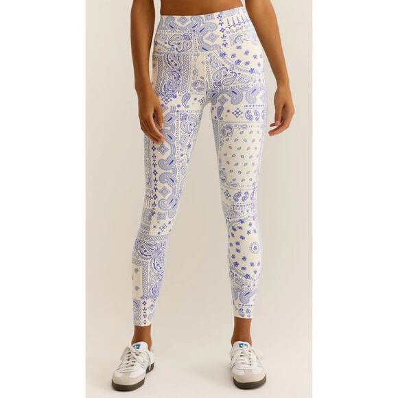 Z Supply Active Bandana 7/8 Leggings Size S Blue Off White Print Yoga Athleisure - Picture 2 of 9